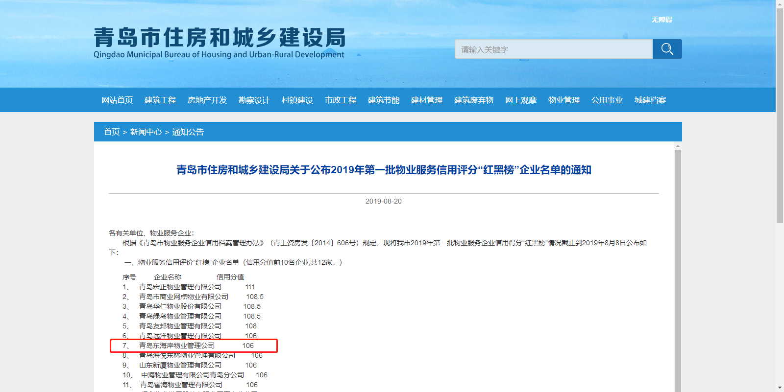青島城發(fā)集團(tuán)所屬東海岸物業(yè)管理公司榮登青島市物業(yè)服務(wù)信用評價“紅榜”